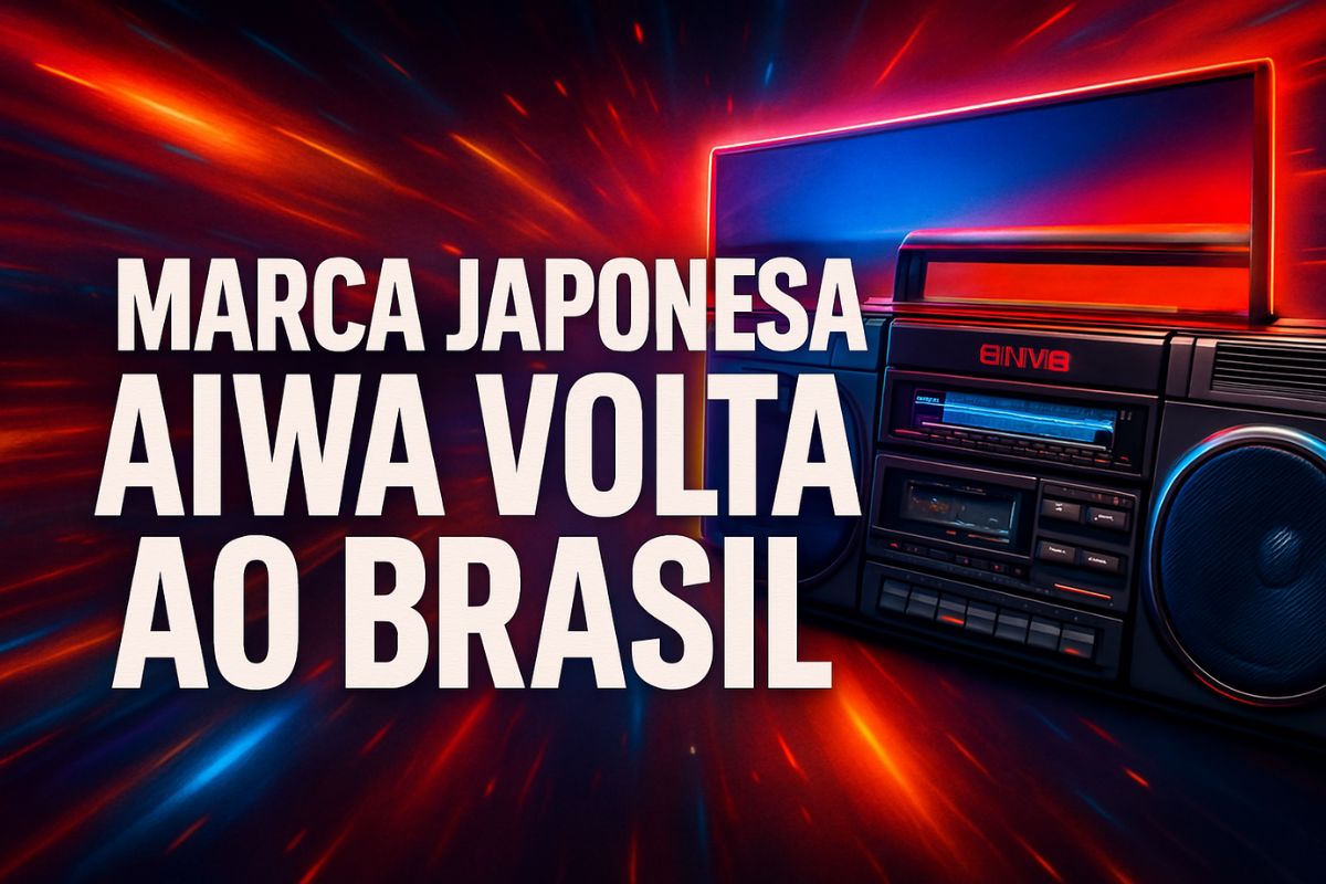 Arte digital vibrante mostra o retorno da marca japonesa Aiwa com estética retrô e moderna. Ao centro, o texto "AIWA VOLTA AO BRASIL" aparece em destaque, com uma TV de tela plana e um boombox clássico cercados por luzes coloridas e efeitos de brilho