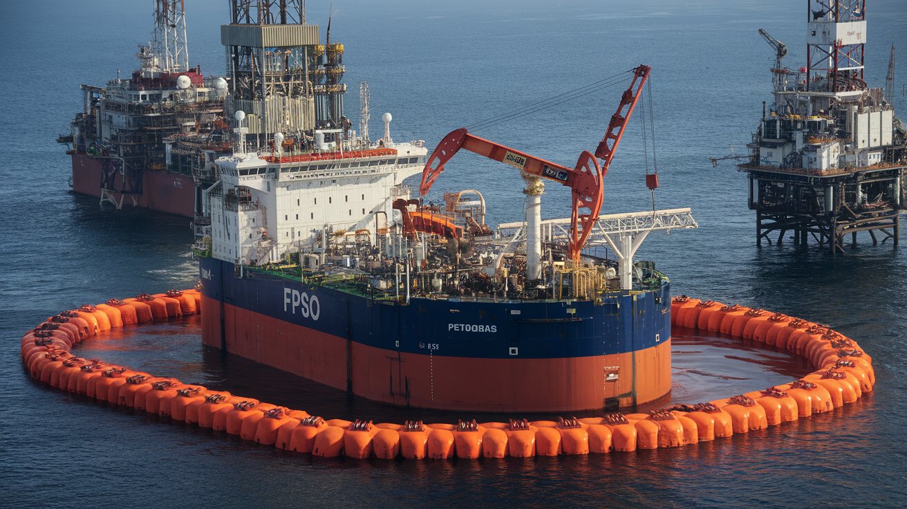 Plataformas de petróleo offshore do tipo FPSO da Petrobras com barreiras de contenção contra vazamento de petróleo na Margem Equatorial