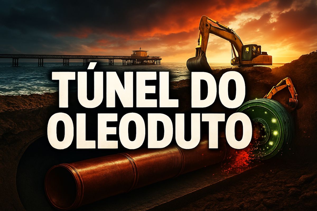 Arte ilustrativa mostra a proposta do túnel do oleoduto da Linha 5 sob o Lago Michigan, com destaque para o trajeto subterrâneo e a infraestrutura de contenção do duto.