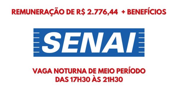 Vaga noturna de meio período no SENAI (17h30 às 21h30) com remuneração de R$ 2.776,44 + benefícios está contratando Bibliotecário!