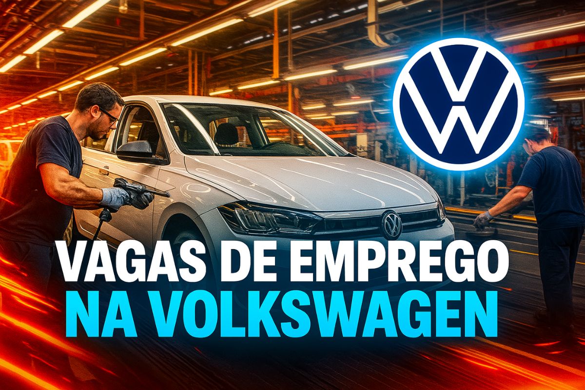 Arte digital mostra linha de montagem da Volkswagen com funcionários em ação, fundo industrial moderno e logotipo da marca em destaque