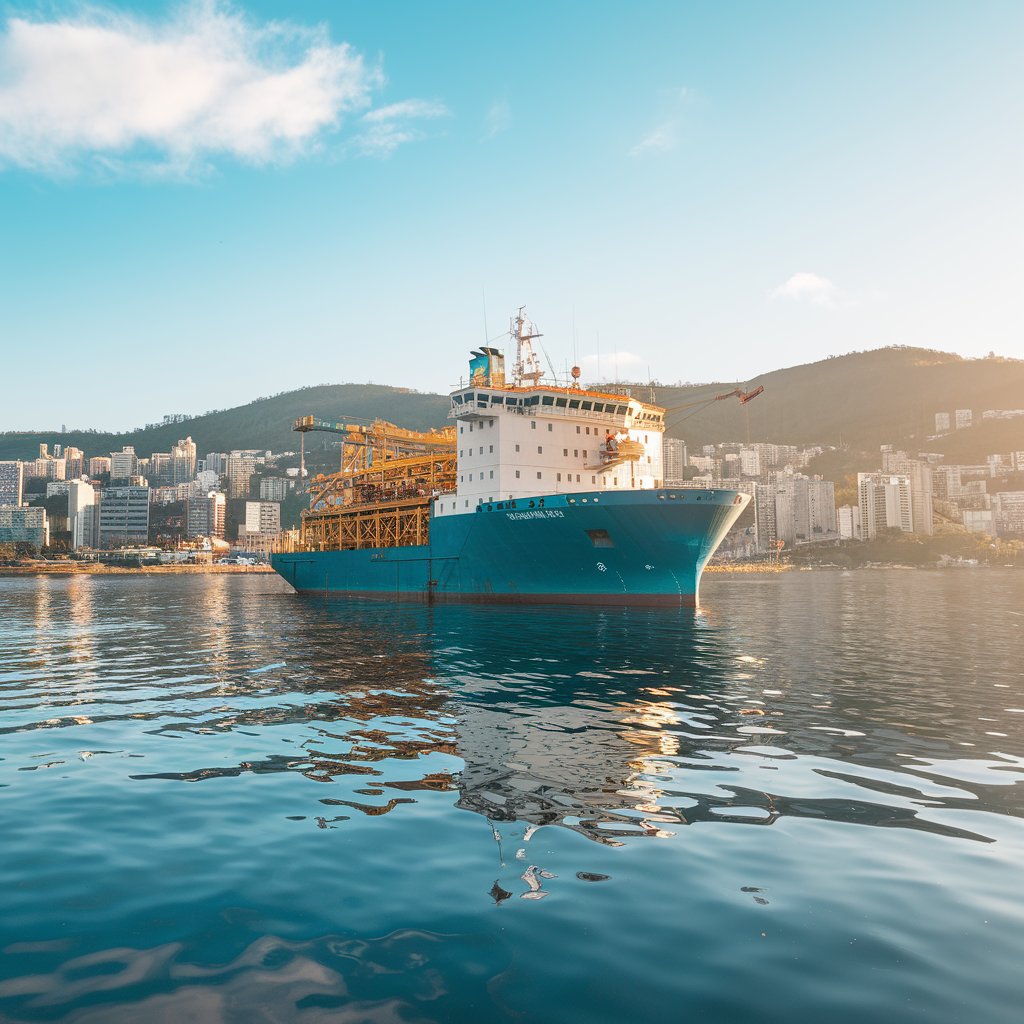 Navio plataforma FPSO atracado em uma baía brasileira, representando a inovação da MODEC na captura de carbono offshore.