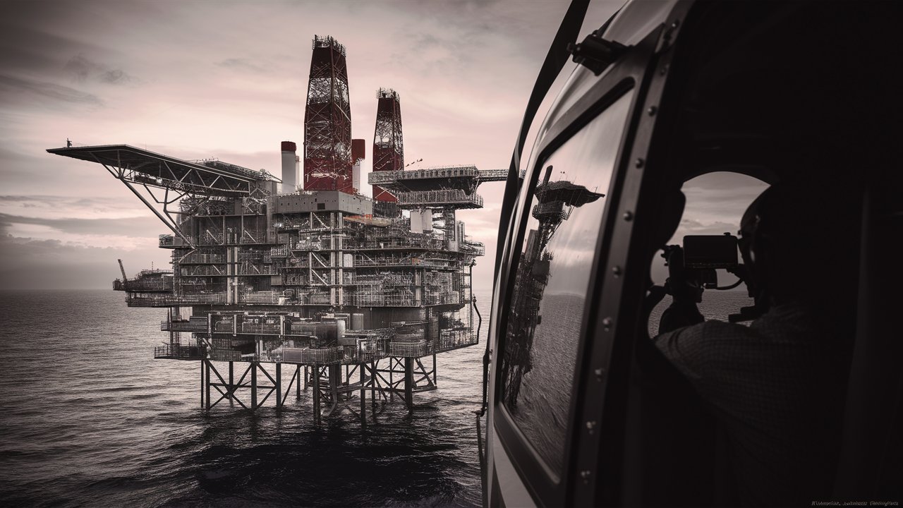 Vista aérea de uma megaplataforma offshore no Brasil, capturada a partir de um helicóptero, destacando a infraestrutura de produção de petróleo no pré-sal.