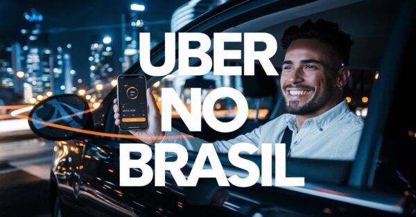 Crie uma imagem impactante e vibrante mostrando um motorista de Uber sorridente dentro de um carro moderno, com um celular na mão exibindo a tela do aplicativo. O cenário deve ser uma grande cidade brasileira à noite, com luzes urbanas brilhantes e um fundo dinâmico que remeta ao crescimento e à modernidade. Adicione uma sensação de movimento e sucesso, com gráficos sutis que indiquem aumento de viagens e ganhos. Adicione no centro da imagem com letras grandes, chamativas, criativas e impactantes o seguinte texto: 'Uber no Brasil