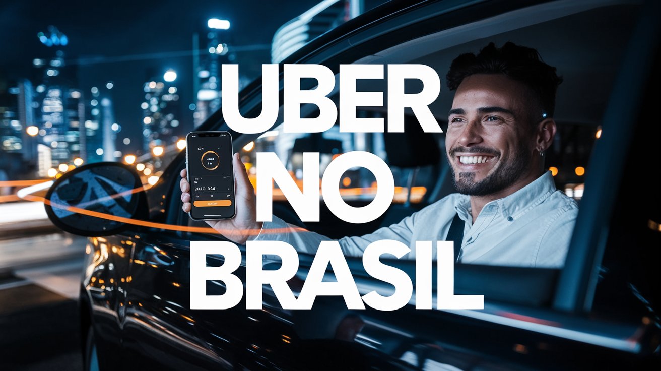 Crie uma imagem impactante e vibrante mostrando um motorista de Uber sorridente dentro de um carro moderno, com um celular na mão exibindo a tela do aplicativo. O cenário deve ser uma grande cidade brasileira à noite, com luzes urbanas brilhantes e um fundo dinâmico que remeta ao crescimento e à modernidade. Adicione uma sensação de movimento e sucesso, com gráficos sutis que indiquem aumento de viagens e ganhos. Adicione no centro da imagem com letras grandes, chamativas, criativas e impactantes o seguinte texto: 'Uber no Brasil
