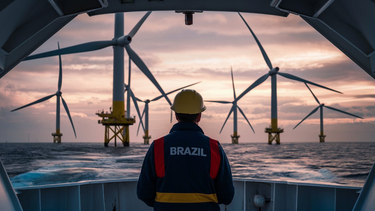 Técnico observa parque eólico offshore ao pôr do sol, representando a participação brasileira na transição energética sustentável.
