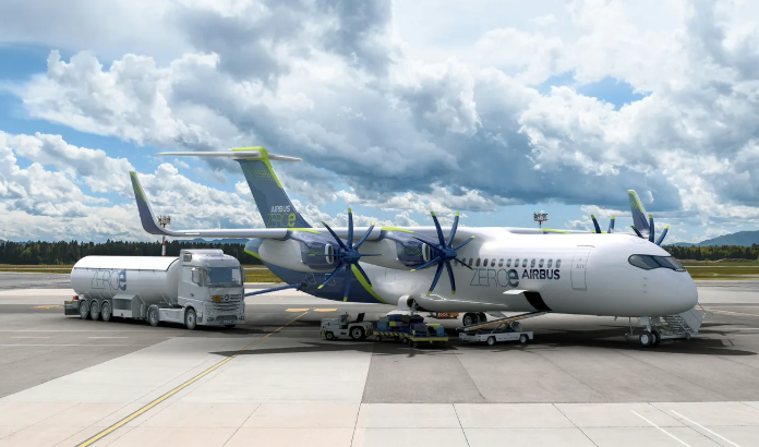 El avión ZEROe tiene cuatro motores que funcionan con energía hecha a partir de hidrógeno. Cada motor ayuda al avión a volar de manera potente y sin contaminar el aire.