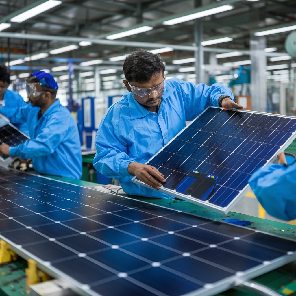 Foto de trabalhadores da índia na fabricação de painéis solares.