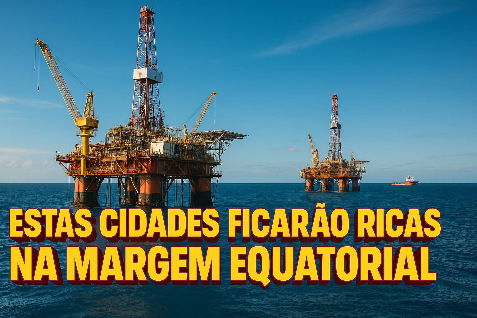 Imagem com plataformas de petróleo na Margem Equatorial e legenda em destaque sobre cidades que ficarão ricas
