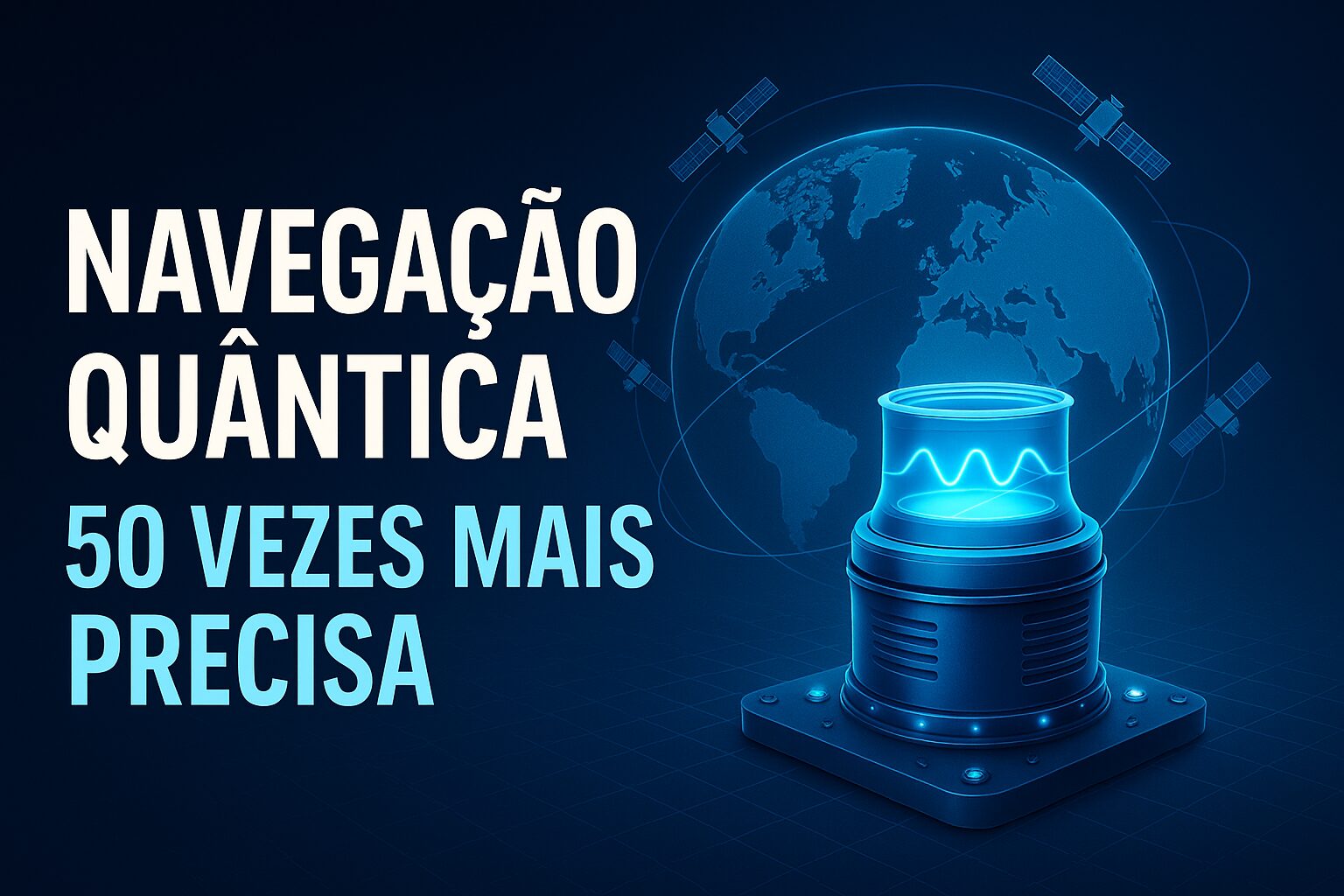 sistema de navegação - Ilustração digital com o planeta Terra cercado por satélites e um dispositivo de navegação quântica emitindo ondas azuis, com o texto “Navegação Quântica – 50 vezes mais precisa”.