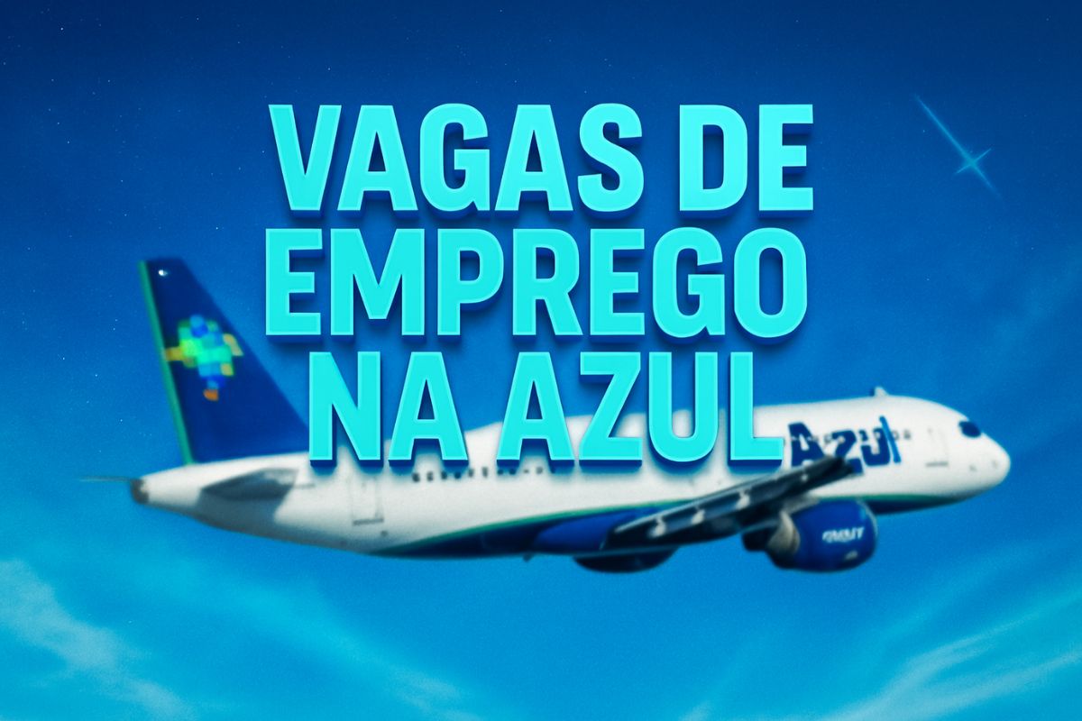 Imagem promocional mostra aeronave da Azul em pista de decolagem, com tripulantes e equipe de solo ao redor, sob céu azul e clima ensolarado.