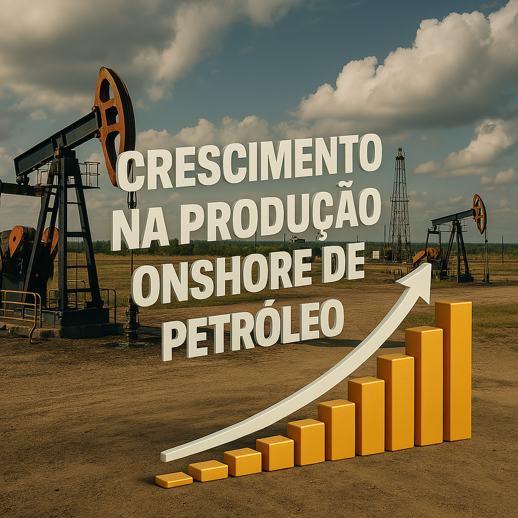 Gráfico de crescimento ao lado de bombas de petróleo representa aumento da produção onshore no Brasil