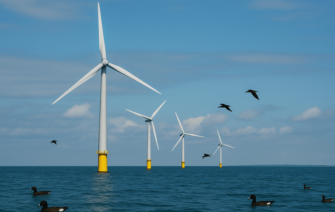 Turbinas eólicas offshore no oceano com aves marinhas voando e nadando ao redor, sob céu azul com poucas nuvens. energia eólica offshore