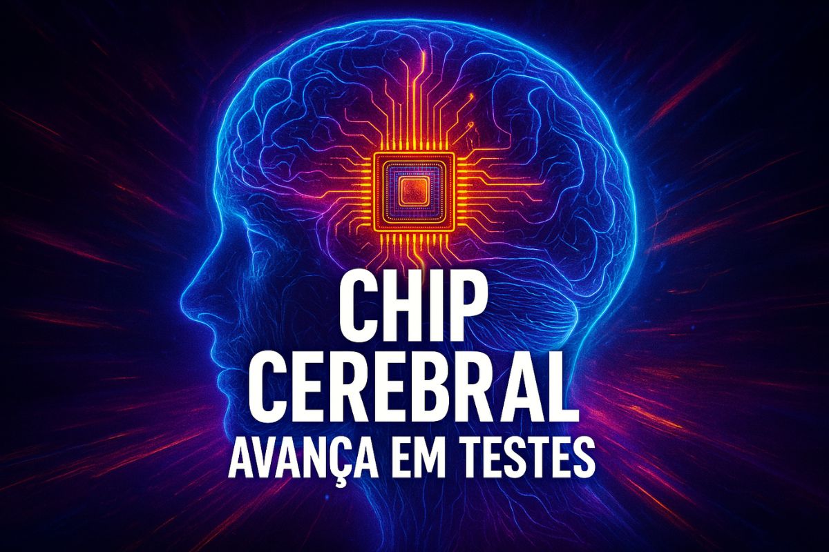 Arte digital mostra paciente com paralisia utilizando braço robótico conectado a um chip cerebral, com gráficos neurológicos ao fundo e destaque para a tecnologia chinesa