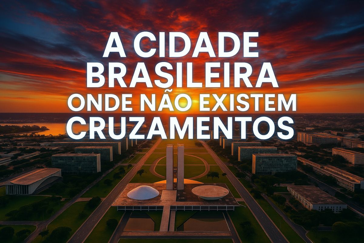 Vista aérea da Esplanada dos Ministérios em Brasília, com destaque para vias expressas, ausência de cruzamentos, prédios modernistas e vegetação urbana planejada.