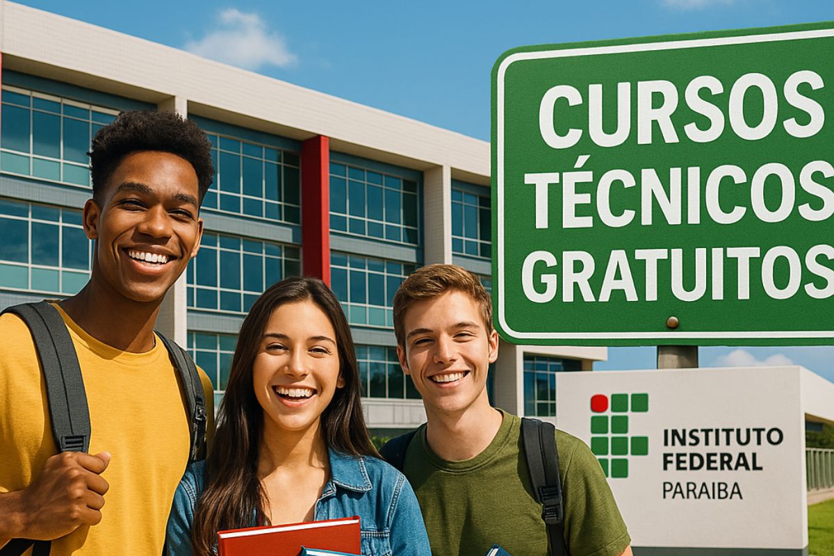 Arte promocional mostra jovens sorrindo com mochilas e livros, ao lado de prédio moderno do IFPB, com placas indicando cursos técnicos gratuitos.