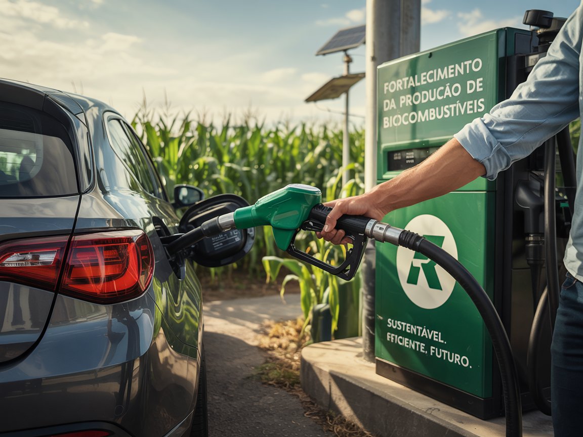 Abastecimento de carro com biocombustível ao lado de plantação de milho e bomba verde com mensagem sobre produção sustentável