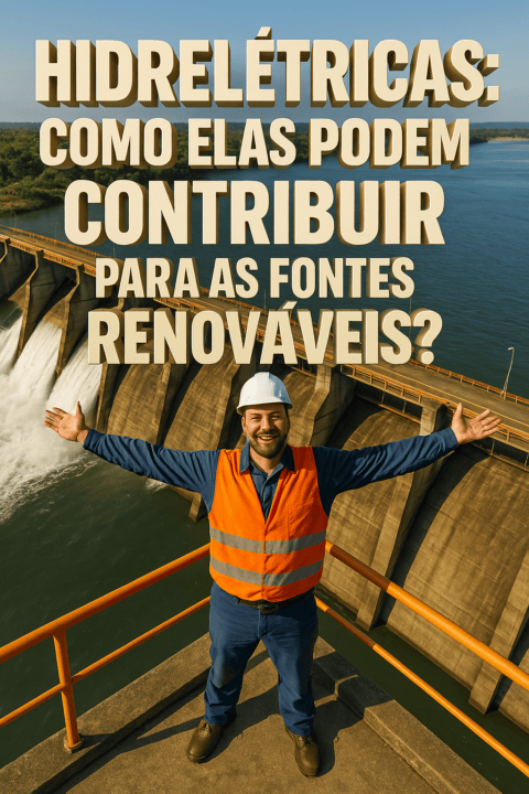 Trabalhador em usina hidrelétrica com braços abertos em frente à represa, com texto sobre contribuição das hidrelétricas para fontes renováveis.