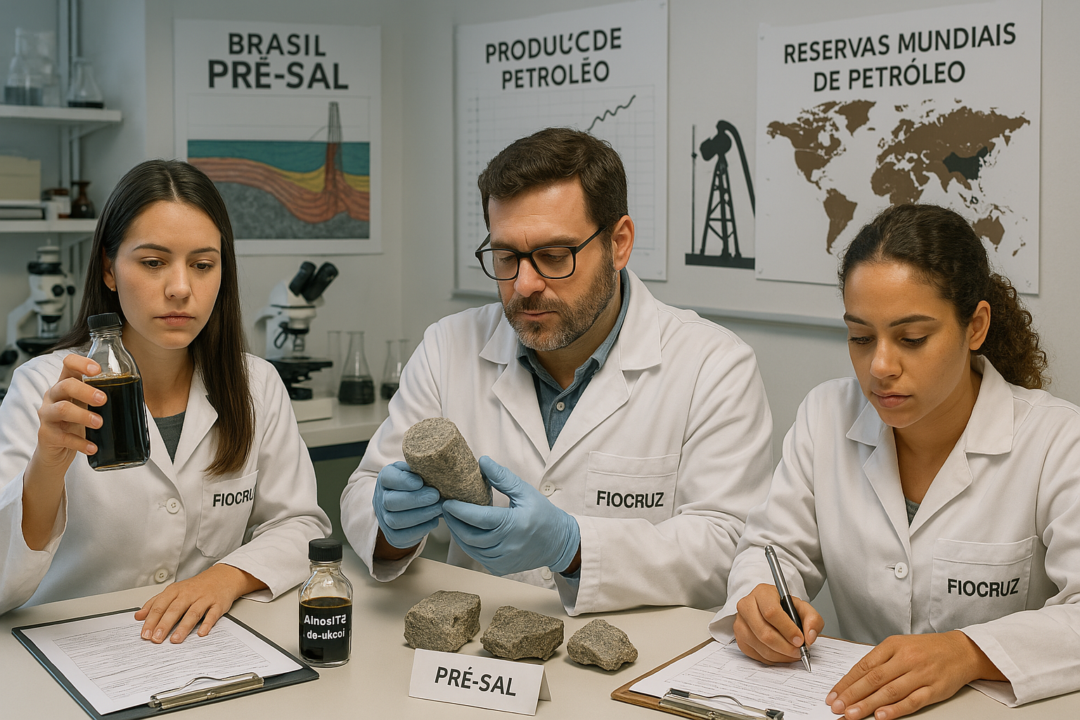 Pesquisadores da Fiocruz analisam amostras de rochas e petróleo do pré-sal em laboratório, com gráficos sobre produção e reservas ao fundo