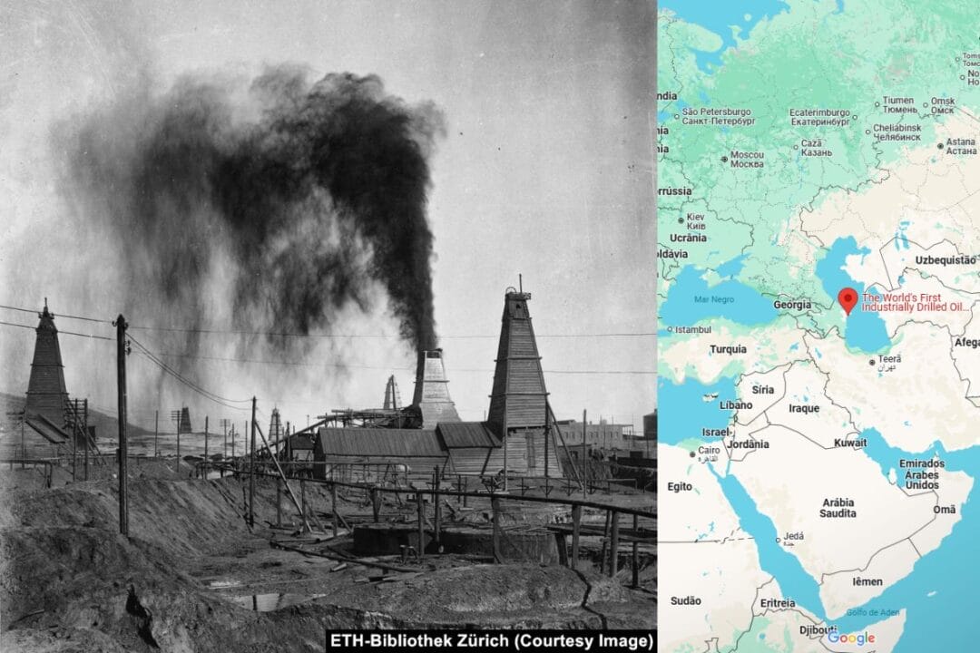 Primeiro poço de petróleo do mundo foi perfurado em Baku (1847), dominando 90% da produção global. Spindletop (1901), nos EUA, revolucionou a indústria com 100 mil barris/dia.