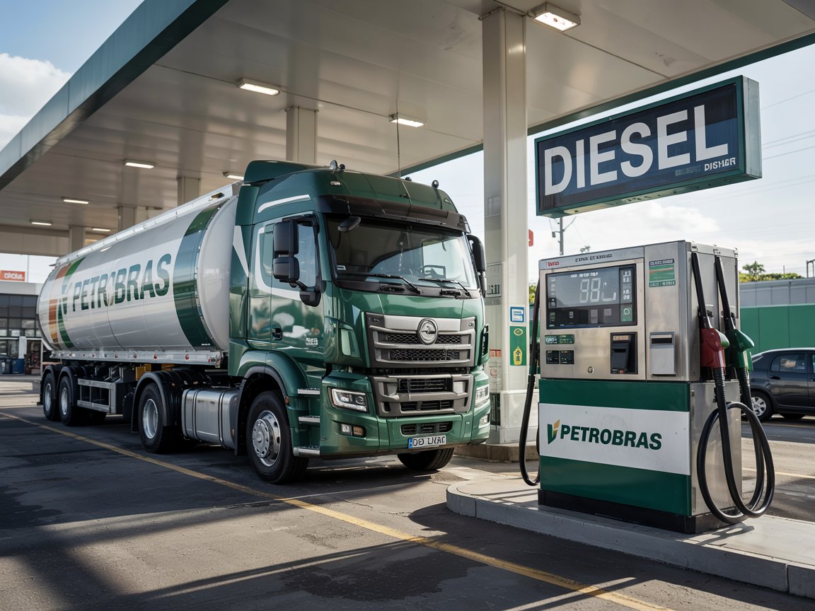 Caminhão-tanque da Petrobras em posto de combustíveis com bomba de diesel durante período de redução de preços no Brasil
