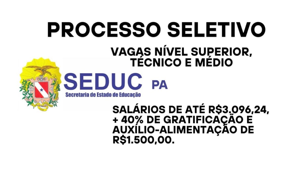 Seduc-PA abre 349 vagas em processo seletivo para analistas e assistentes administrativos