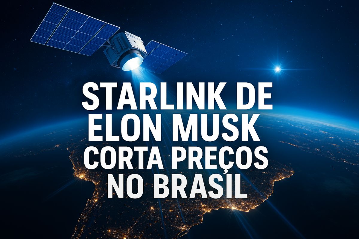 Imagem digital mostra satélite Starlink em órbita sobre o Brasil, com feixes de sinal iluminando áreas remotas, acompanhada de texto promocional sobre corte de preços