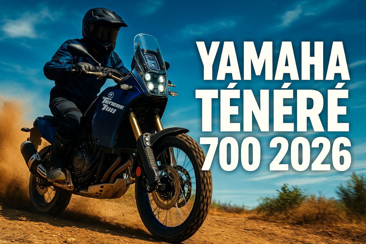 Imagem promocional mostra a Yamaha Ténéré 700 2026 em ação em estrada de terra, com céu azul ao fundo e destaque para farol LED e painel digital