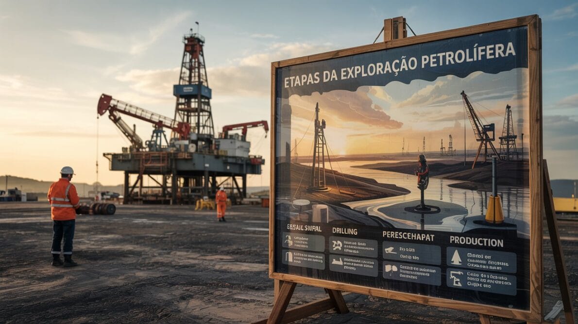 Fotografia com infográfico ilustrando as etapas da exploração petrolífera com plataforma ao fundo