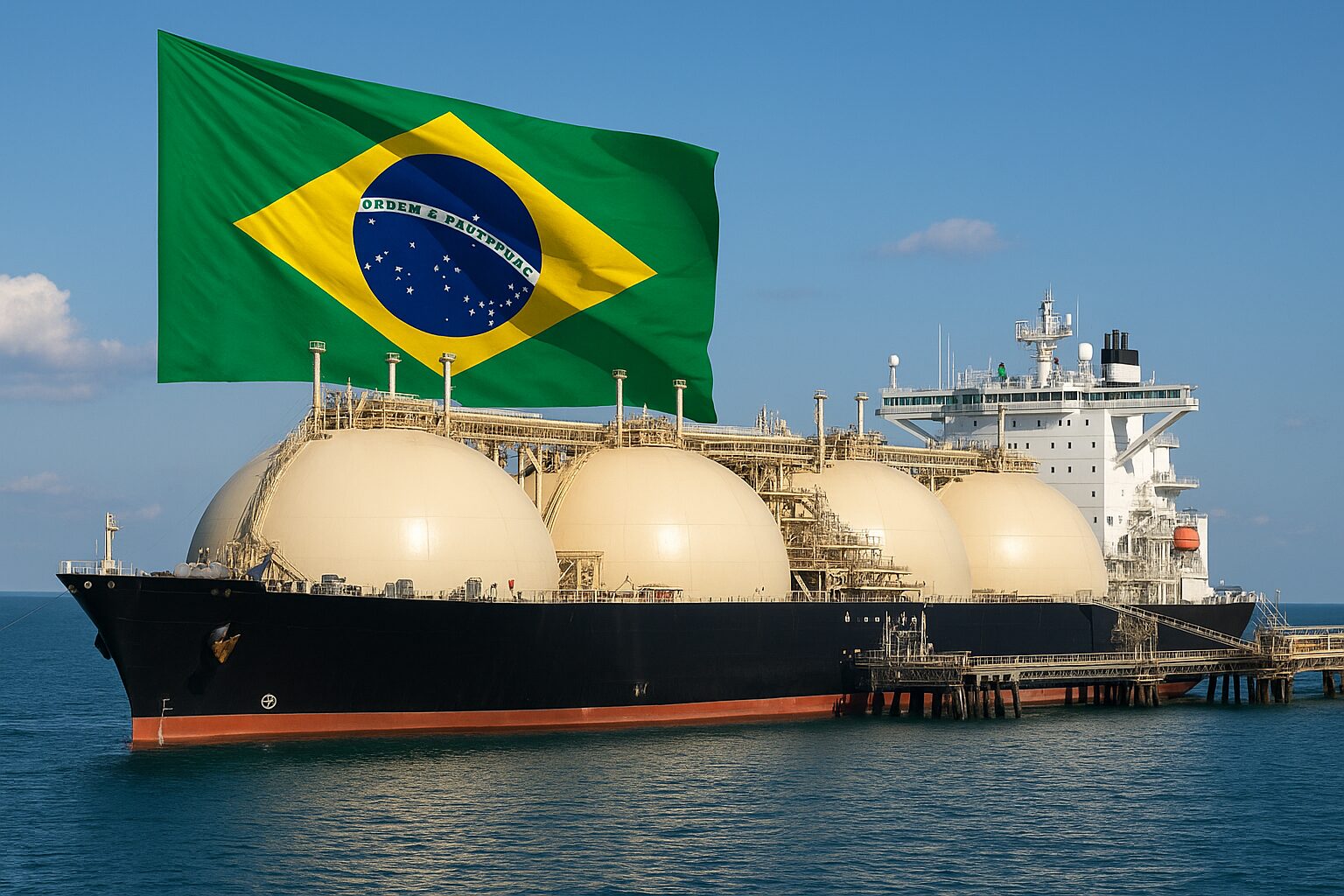 Navio transportando gás natural liquefeito atracado no terminal do Brasil