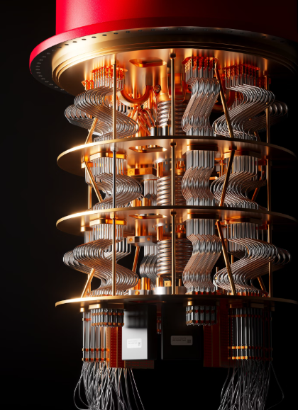 Este es un ordenador cuántico moderno, con estructura metálica en capas y cables superconductores utilizados para operar qubits a temperaturas casi cero absoluto. Necesita estar extremadamente frío y aislado para realizar cálculos que las computadoras normales no pueden.