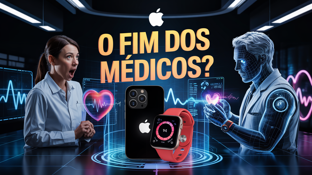 Apple lança IA médica que transforma iPhones em consultórios digitais, monitorando saúde, sono e até postura. O futuro é agora! (Imagem: Reprodução/Canva)