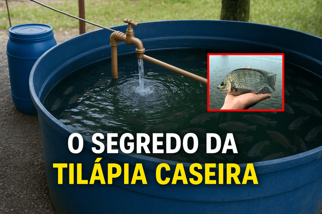 Caixa d’água azul cheia de tilápias, com torneira abastecendo e destaque para uma mão segurando um peixe tilápia.