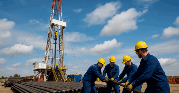 Trabalhadores com capacetes e macacões azuis manuseiam tubos metálicos em um local de perfuração de poços com torre de sondagem ao fundo.