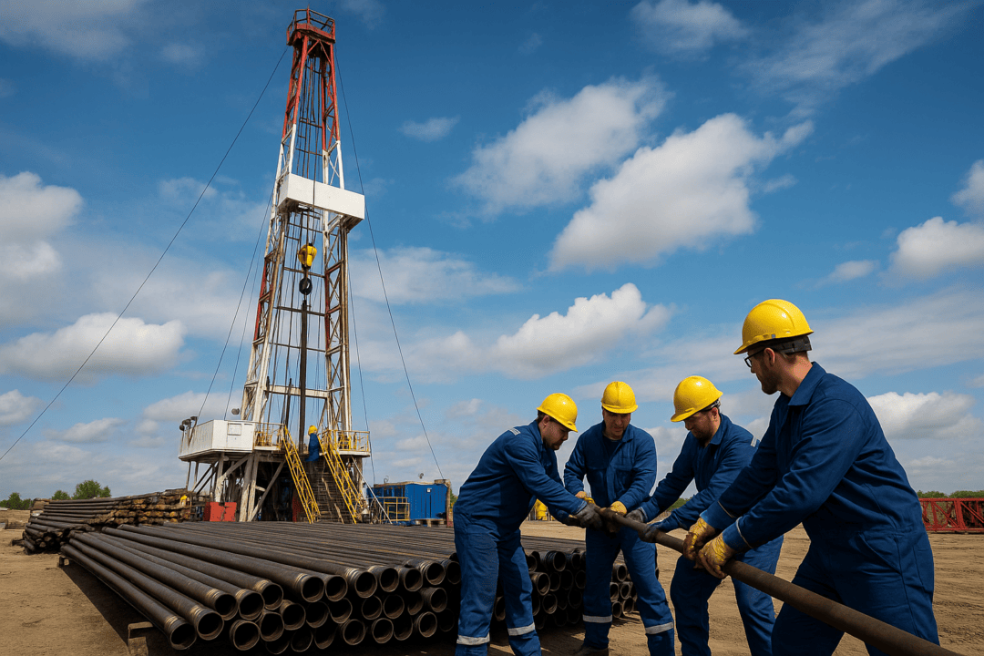Trabalhadores com capacetes e macacões azuis manuseiam tubos metálicos em um local de perfuração de poços com torre de sondagem ao fundo.