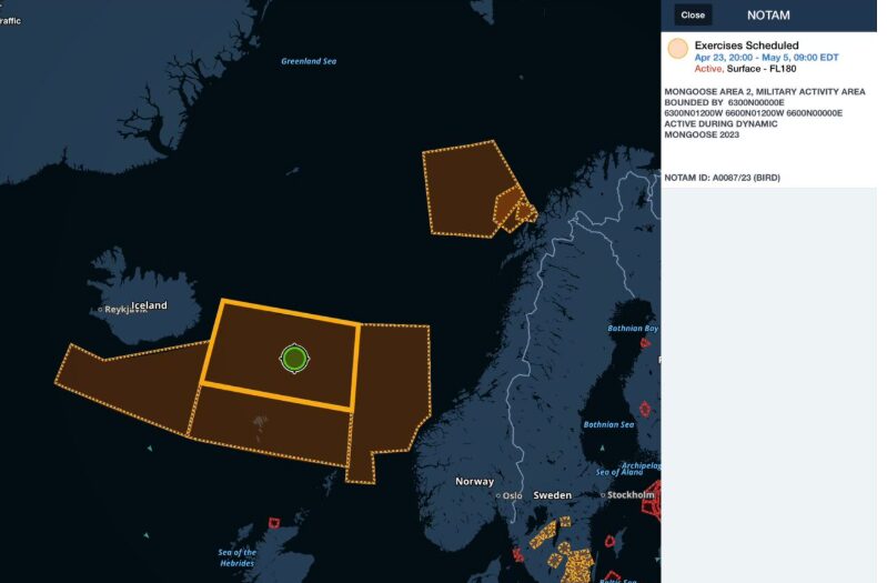 Mapa muestra las áreas delimitadas para el ejercicio militar Dynamic Mongoose 2025 de la OTAN, con foco en guerra antisubmarina en el Atlántico Norte. Las zonas activas están situadas entre Islandia, Reino Unido y Noruega, región estratégica conocida como GIUK-N Gap. Mapa: reproducción/ Naval.com