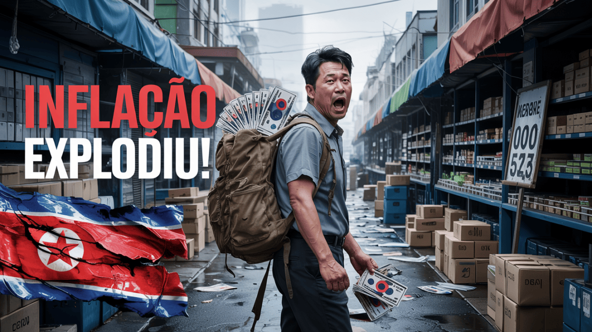 Moradores da Coreia do Norte usam mochilas para levar dinheiro às compras em meio à inflação absurda e escassez grave de alimentos. (Imagem: Reprodução/Canva)
