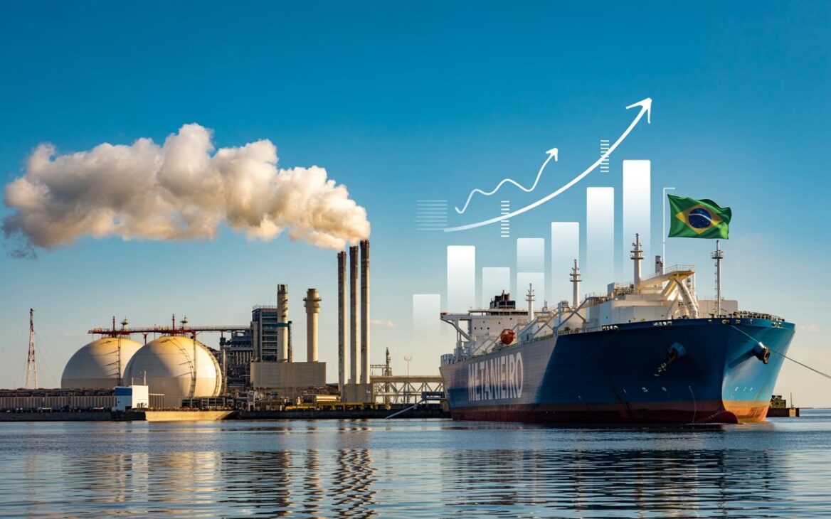 Buque de GNL atracado en terminal brasileño con planta termoeléctrica e instalaciones industriales al fondo