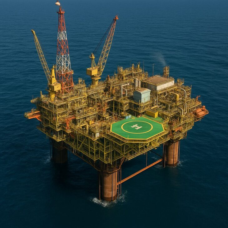 Imagen conceptual de la plataforma de petróleo Enchova (PCE-1), operando en el mar de la Cuenca de Campos
