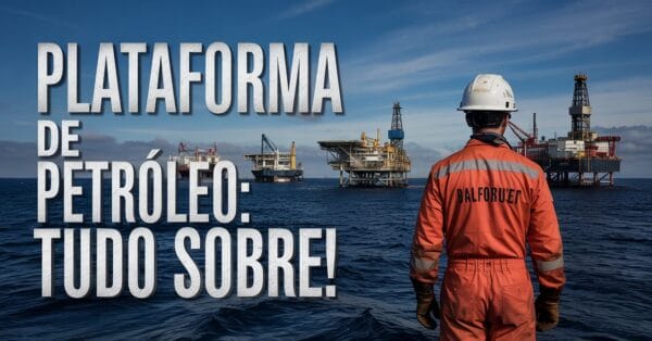 Trabalhador observa plataforma offshore de petróleo no oceano com texto "PLATAFORMA DE PETRÓLEO: TUDO SOBRE