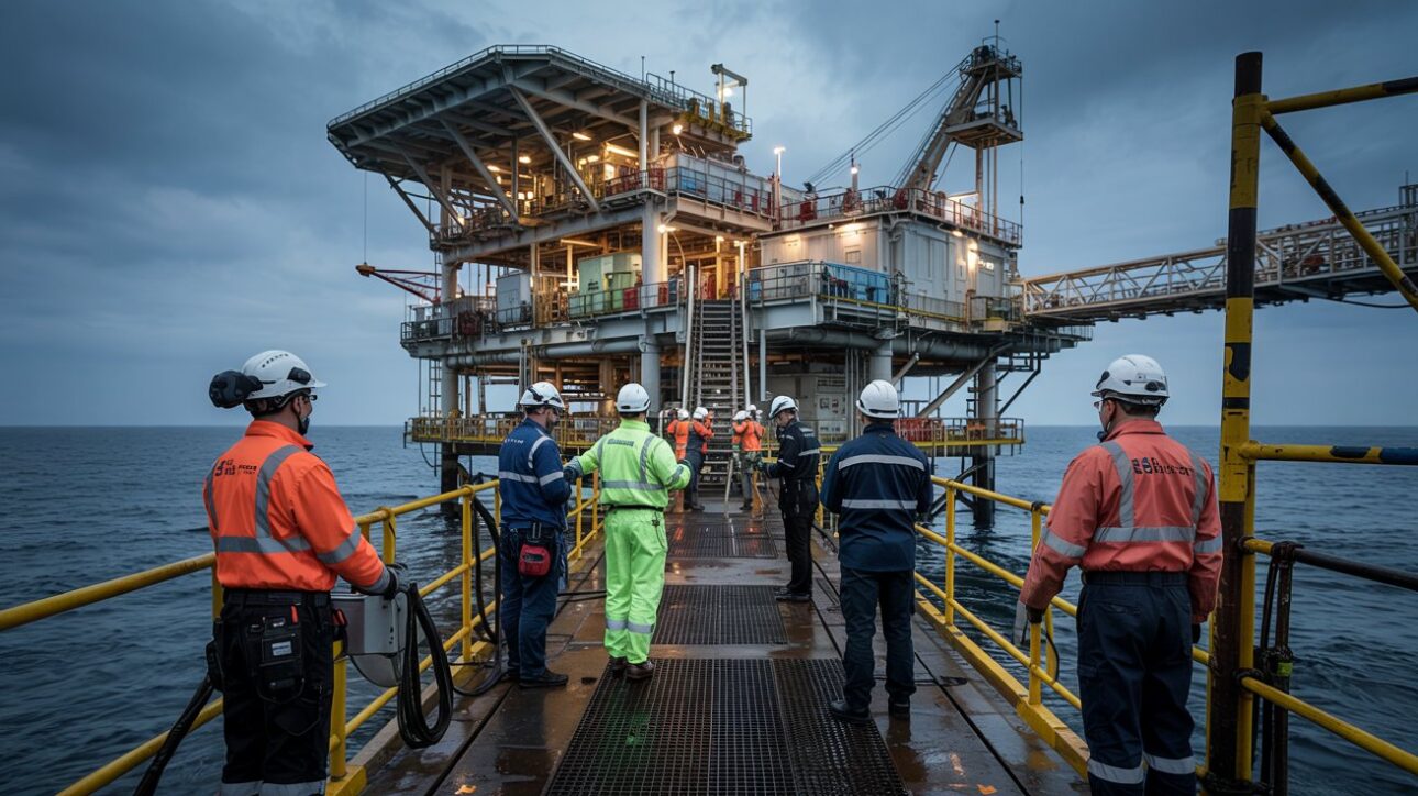 Profesionales que actúan en una plataforma offshore, incluidos ingenieros, técnicos y operadores