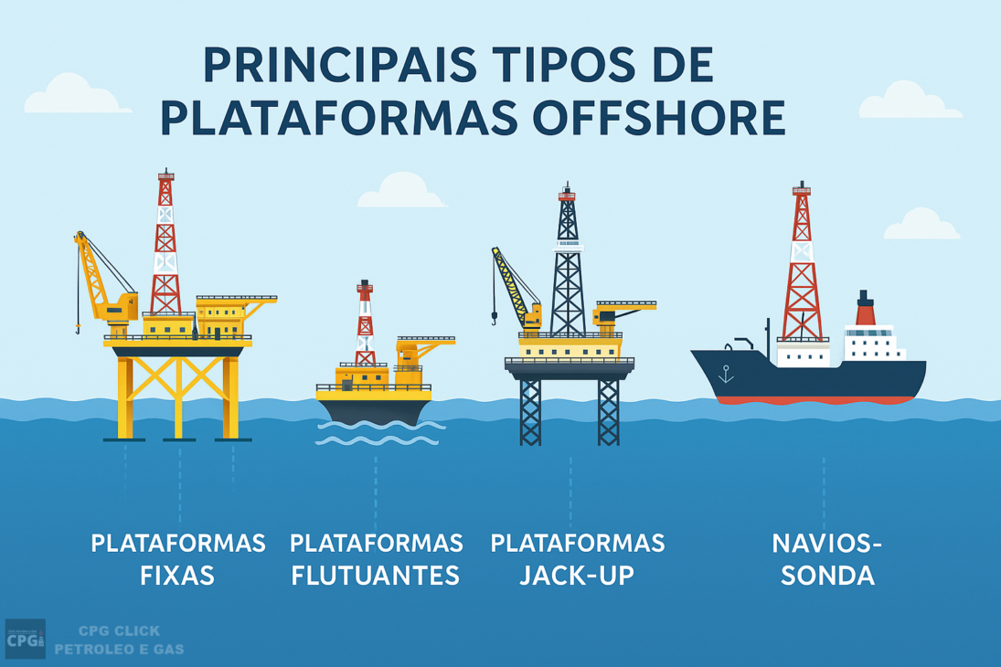 Infográfico con los principales tipos de plataformas offshore: fijas, flotantes, jack-up y barcos-sonda