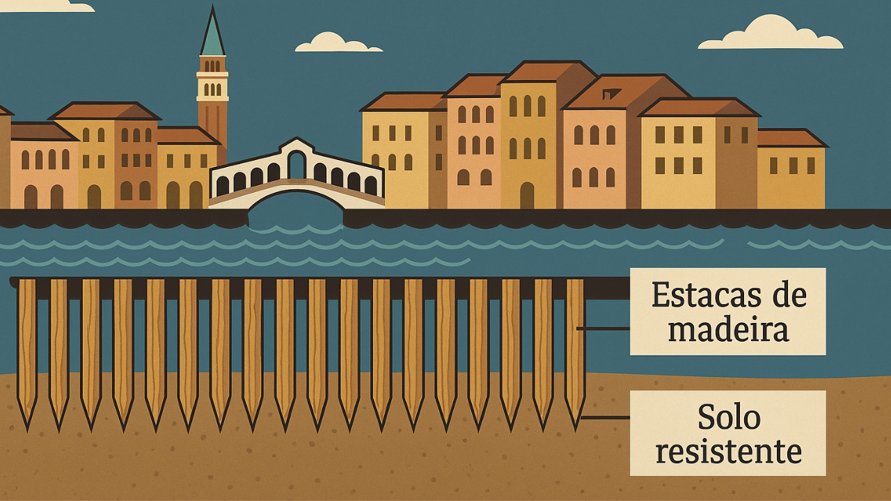 Descubra como a engenharia de estacas de madeira tem sustentado Veneza por mais de 1.600 anos, impedindo o afundamento da cidade.