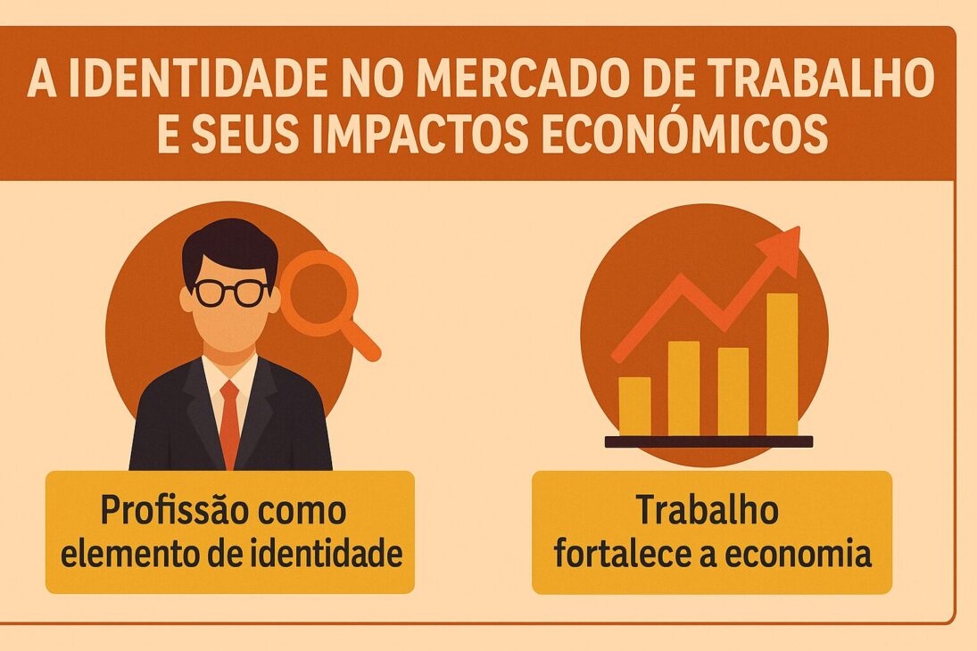Infografía ilustrativa sobre la identidad en el mercado laboral y sus impactos económicos, con elementos visuales que destacan la relación entre profesión y desarrollo económico.