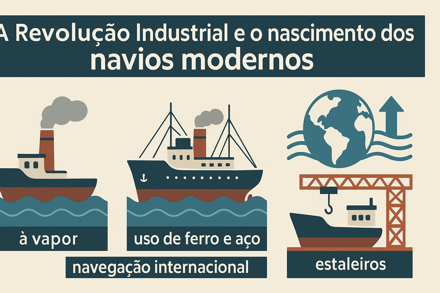 Infográfico ilustrando la evolución de la industria naval durante la Revolución Industrial, con énfasis en barcos a vapor, uso de hierro y acero, navegación internacional y astilleros modernos.