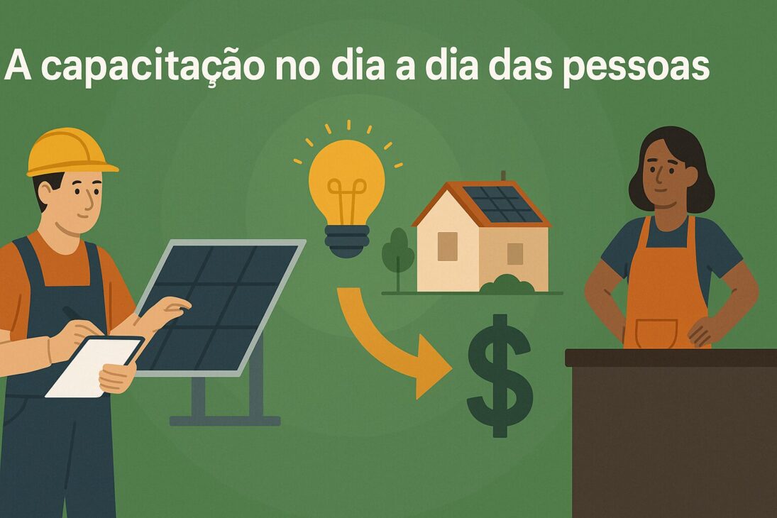 Infográfico ilustrando los impactos de la capacitación en energía renovable en la vida cotidiana, con técnico instalando panel solar, casa con energía limpia y emprendedor beneficiado.