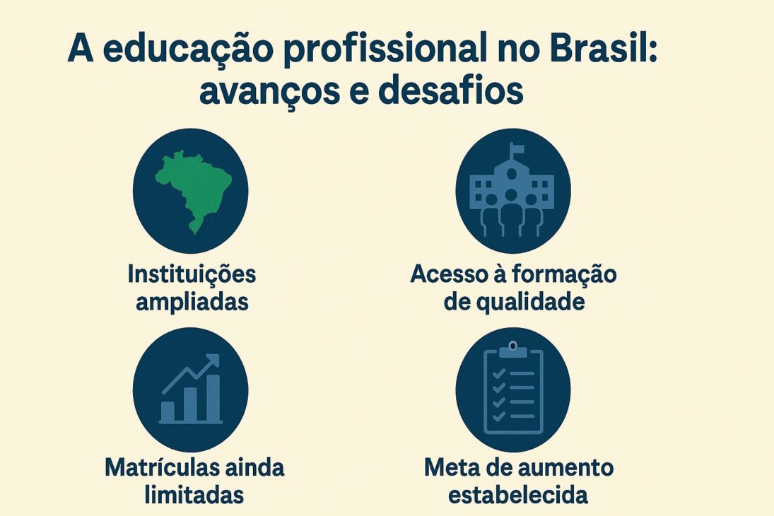 Infográfico em português com o título "A educação profissional no Brasil: avanços e desafios", apresentando ícones de um mapa do Brasil, uma escola, um gráfico de barras e um checklist, representando instituições ampliadas, acesso à formação de qualidade, matrículas ainda limitadas e metas de aumento estabelecidas.