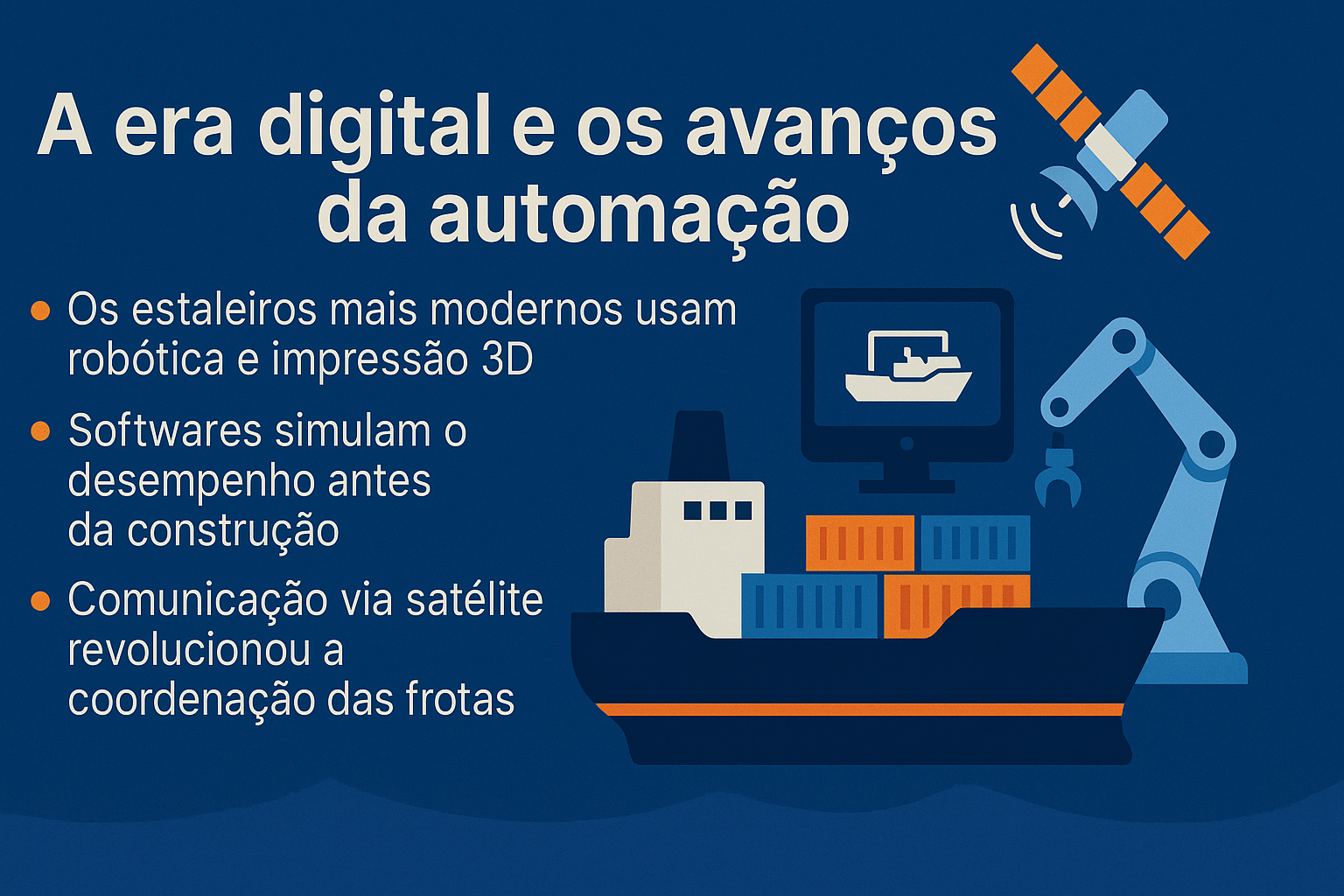 Infográfico en estilo flat sobre la era digital y los avances de la automatización en la industria naval, con íconos de satélite, barco, brazo robótico y computadora, acompañados de texto explicativo.