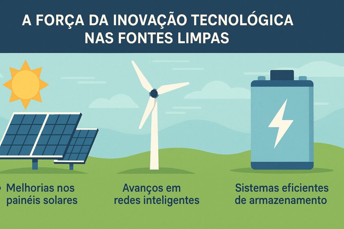 Infografía en estilo plano destacando innovaciones tecnológicas en las fuentes de energía limpia, como energía solar, eólica y sistemas de almacenamiento, con íconos y gráficos coloridos en tonos de azul, verde y amarillo.