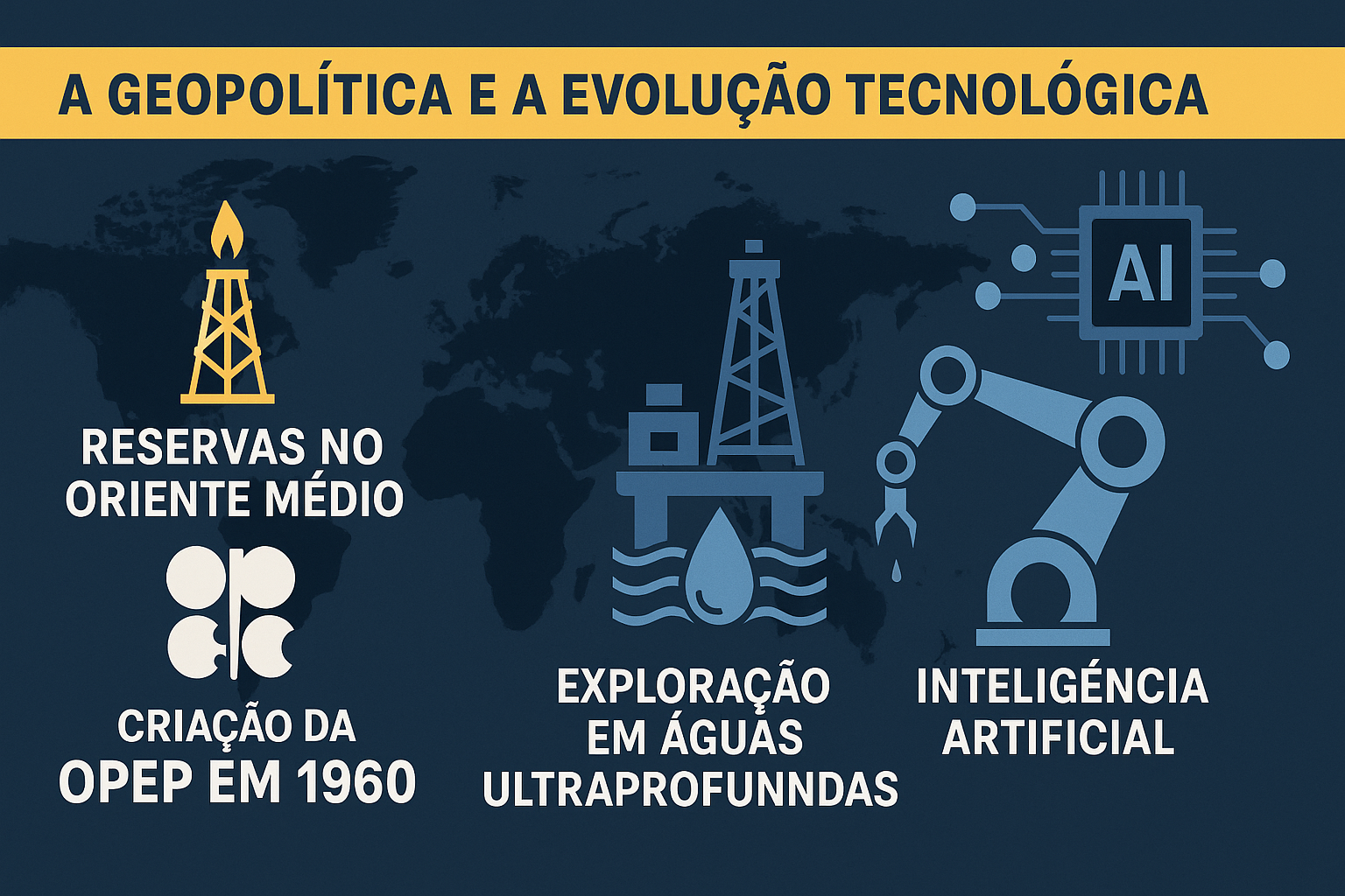 Infográfico sobre la geopolítica y la evolución tecnológica en el sector de petróleo y gas, con íconos representando reservas en Oriente Medio, la creación de la OPEP, exploración en aguas ultraprofundas e inteligencia artificial.